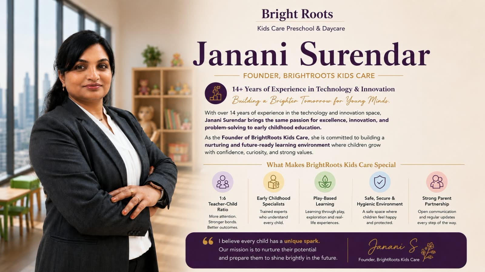 Janani G - Founder of BrightRoots Kids Care